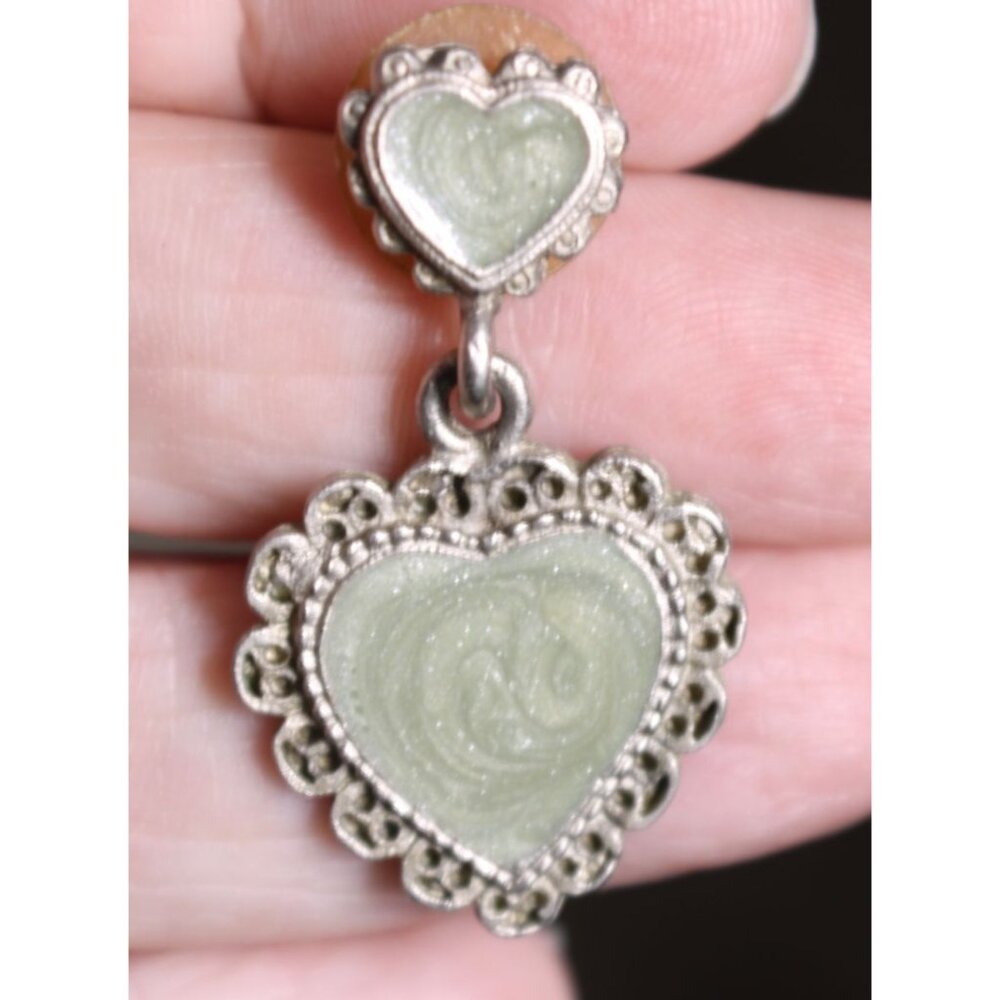 Heart Drop Enamel Earrings Sage Green Swirl and Ornate Framing Vtg Silver Tone - Picture 10 of 10